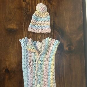 Handmade Pastel Knit Baby Hat and Pouch Set 💝